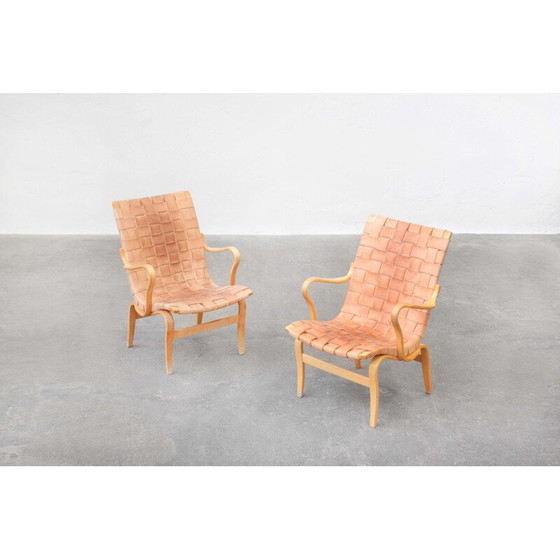 Image 1 of Pair of vintage beechwood and brown leather armchairs by Bruno Mathsson for Karl Mathsson, Sweden 1970