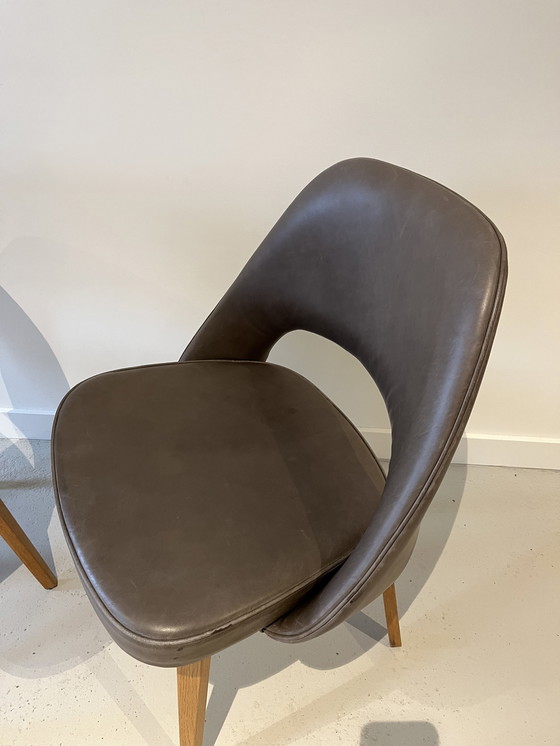 Image 1 of Pair Eero Saarinen For Knoll Dining Chairs Leather And Oak