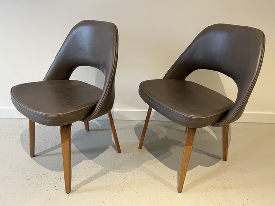 Image 1 of Pair Eero Saarinen For Knoll Dining Chairs Leather And Oak