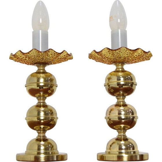 Image 1 of Pair of vintage brass and glass table or wall lamps by Kamenicky Senov, Czechoslovakia 1960