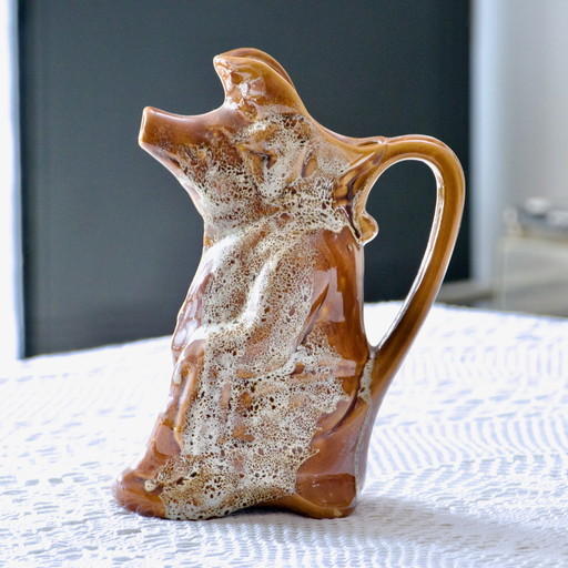 Antique Stoneware Zoomorph Pig Carafe En Barbotine Enamelled Écume