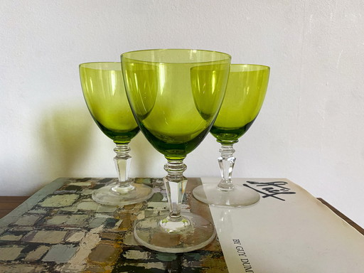 3X Val St Lambert Caspar Wine Glasses Green 