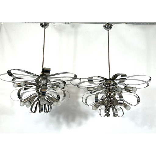 Pair of vintage chrome chandeliers, Italy 1970