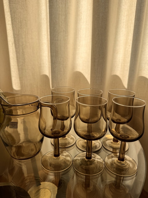 Set of 6 Arcoroc France Smoked Glass Wine Glasses + Carafe