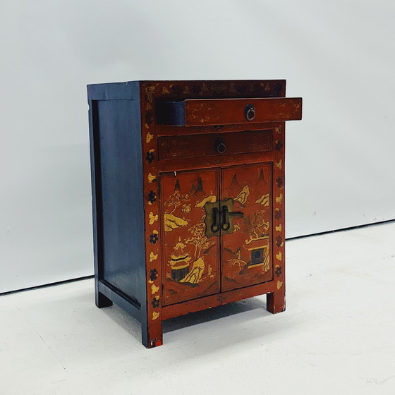 Image 1 of Chinese Red Lacquered Bedside Table