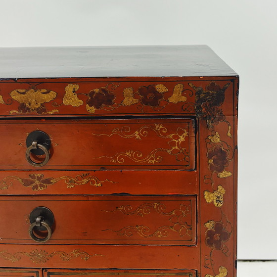 Image 1 of Chinese Red Lacquered Bedside Table