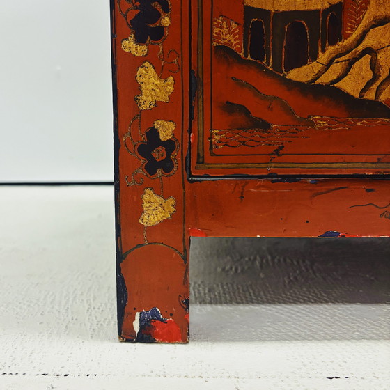 Image 1 of Chinese Red Lacquered Bedside Table