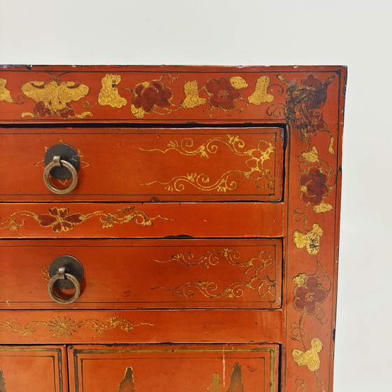 Image 1 of Chinese Red Lacquered Bedside Table