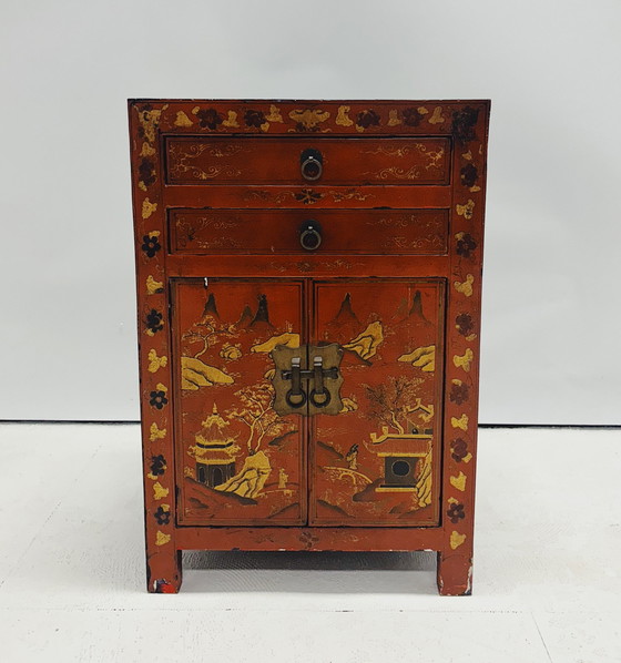 Image 1 of Chinese Red Lacquered Bedside Table