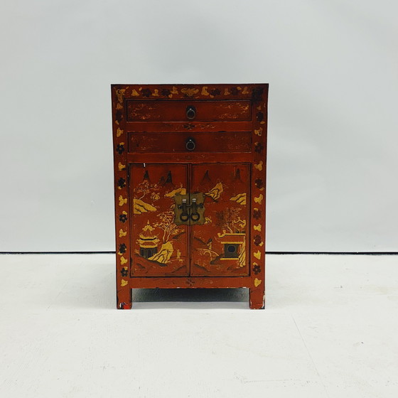 Image 1 of Chinese Red Lacquered Bedside Table