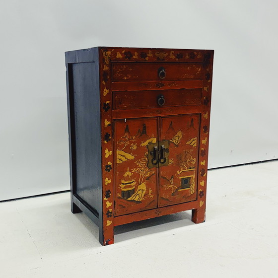 Image 1 of Chinese Red Lacquered Bedside Table