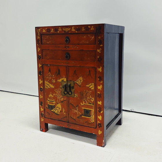 Image 1 of Chinese Red Lacquered Bedside Table