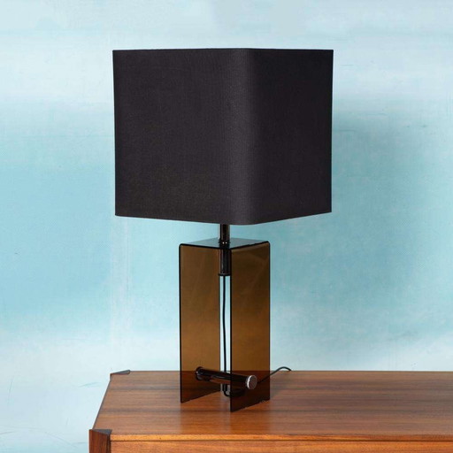 Space age 70s table lamp, minimalist smoke lucite table lamp