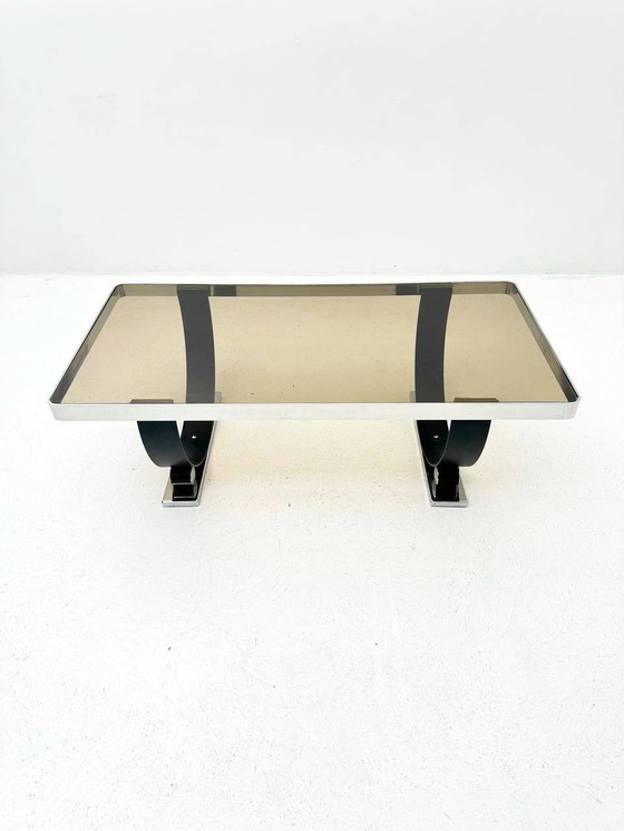 Image 1 of Table basse Space Age en verre fumé & chrome, années 1970