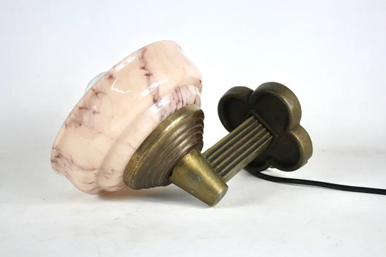 Image 1 of Art Deco - wall mounted lamp with marble like pink glass - Brass base