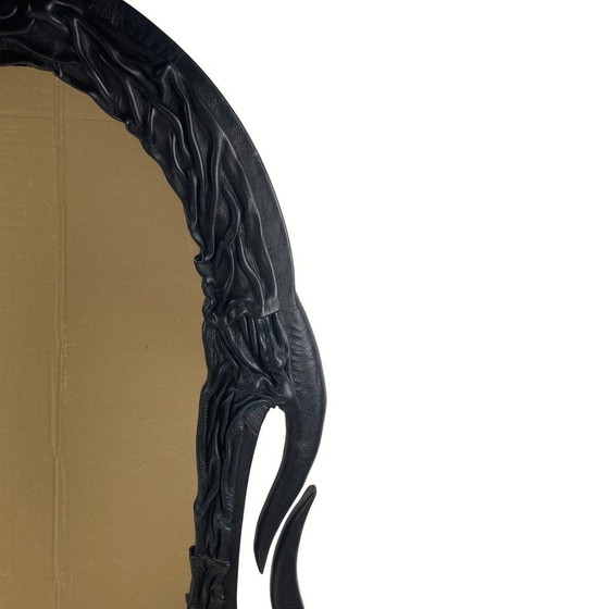 Image 1 of Art Nouveau Wavy Leather Wrapped Mirror, 1950S