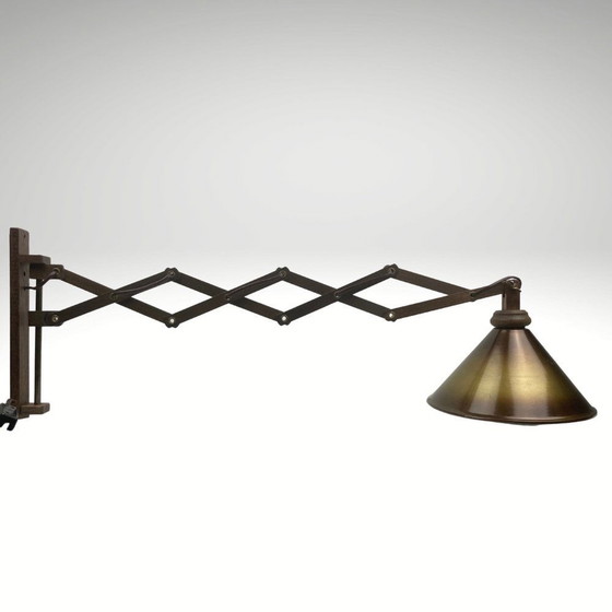 Image 1 of Mid-Century Dutch Wood And Brass Scissor Wall Lamp, 1960S