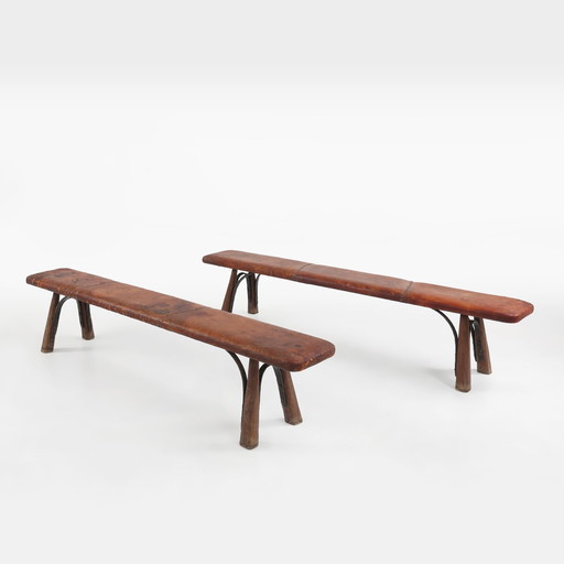 Two Rare Industrial Gym Benches In Oak And Wrought Iron With Leather Top