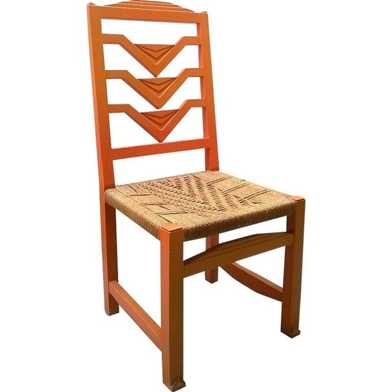 Image 1 of Silla futurista italiana de color naranja, de madera y paja (década de 1930)