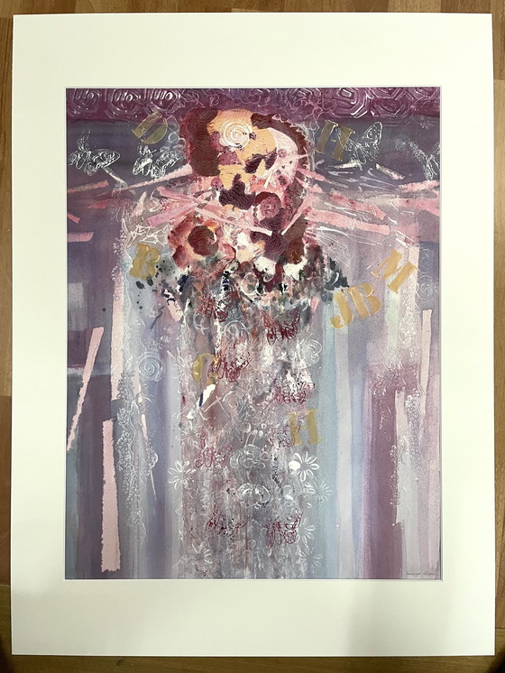 Image 1 of Watercolor : Bouquet With Butterflies, In Matt Gold Frame.