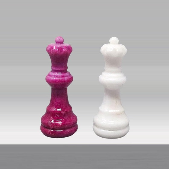 Image 1 of 1970S Stunning Pink And White Chess Set In Volterra Alabaster Handmade Made In Italy