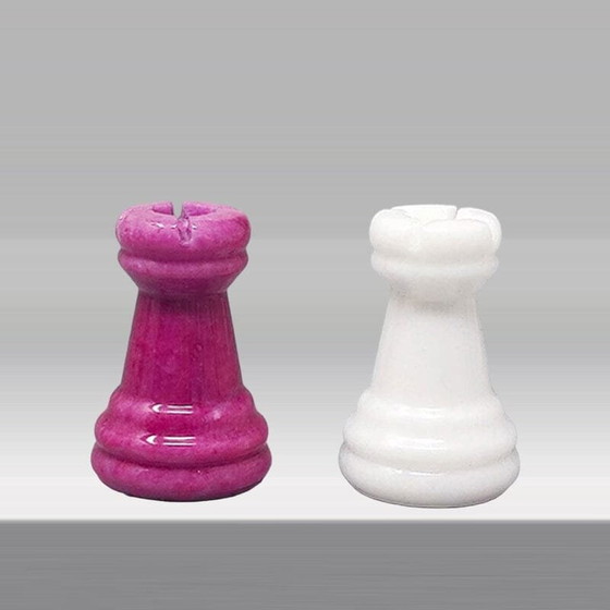 Image 1 of 1970S Stunning Pink And White Chess Set In Volterra Alabaster Handmade Made In Italy