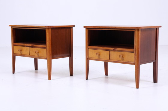 Image 1 of 2 vintage bedside tables from the 60s | Mid - Century mini chest of drawers | wooden storage bedside table bedroom brown drawers