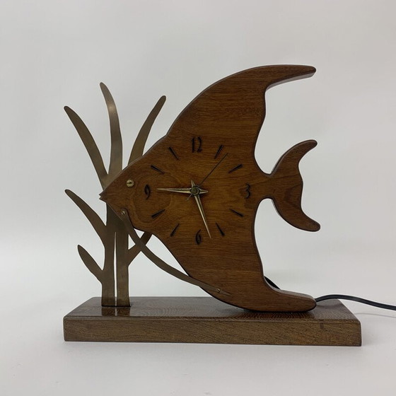 Image 1 of Vintage Nufa teak and fish clock with brass details, 1960
