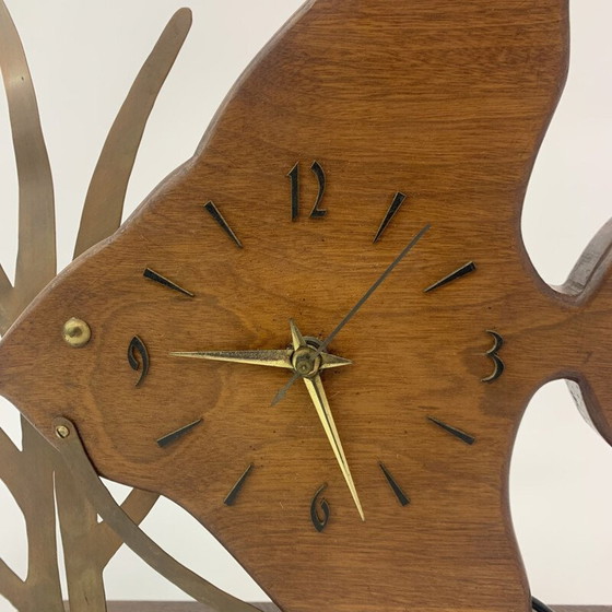 Image 1 of Vintage Nufa teak and fish clock with brass details, 1960