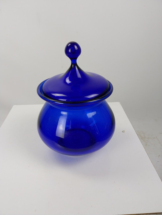 Image 1 of 1 X Plus Glass Norway Cobalt Blue Pot With Lid 1970'S