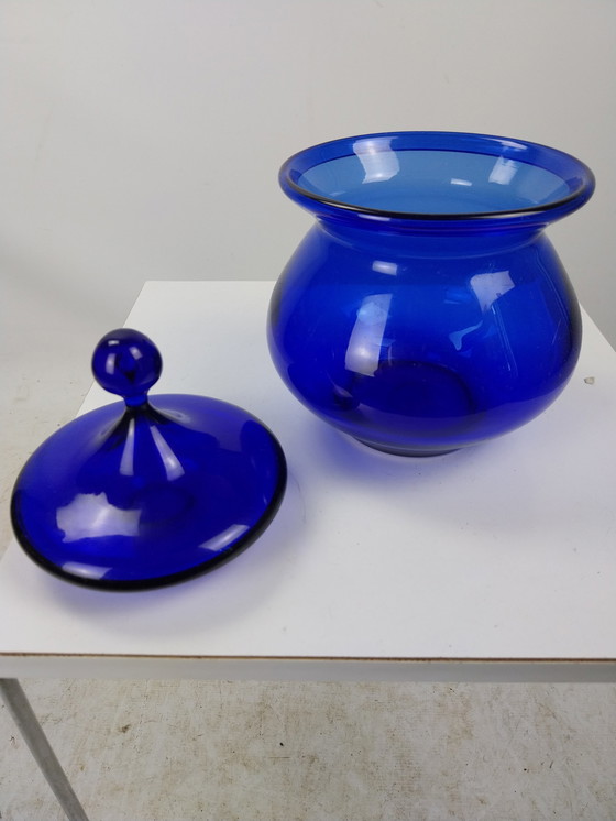 Image 1 of 1 X Plus Glass Norway Cobalt Blue Pot With Lid 1970'S