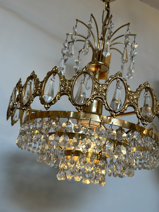Image 1 of Vintage hanging lamp chandelier crystal brass frame 