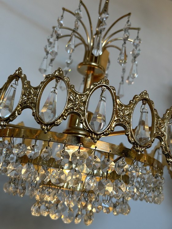 Image 1 of Vintage hanging lamp chandelier crystal brass frame 