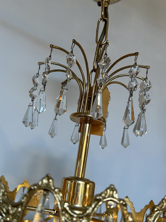 Image 1 of Vintage hanging lamp chandelier crystal brass frame 
