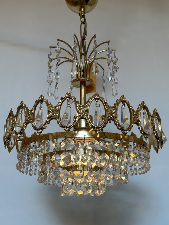 Image 1 of Vintage hanging lamp chandelier crystal brass frame 