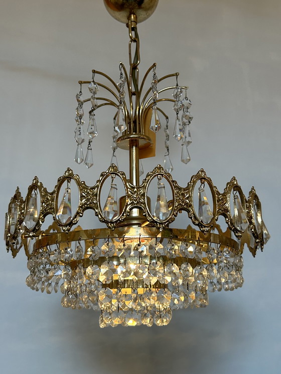 Image 1 of Vintage hanging lamp chandelier crystal brass frame 
