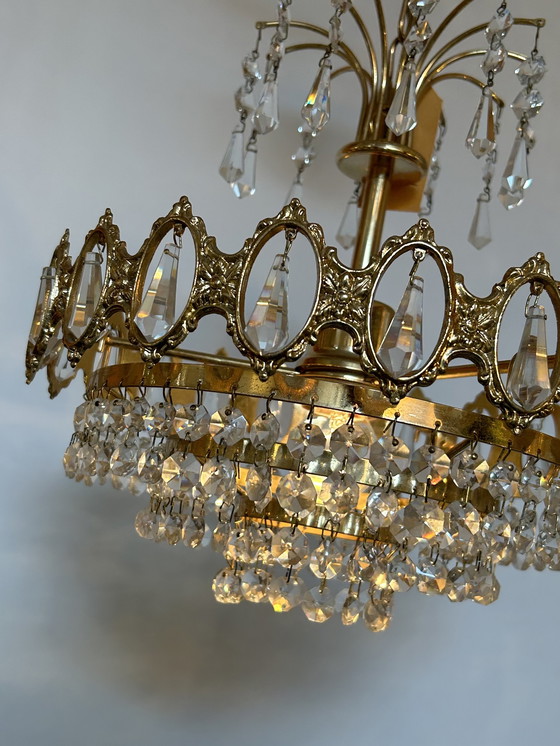 Image 1 of Vintage hanging lamp chandelier crystal brass frame 