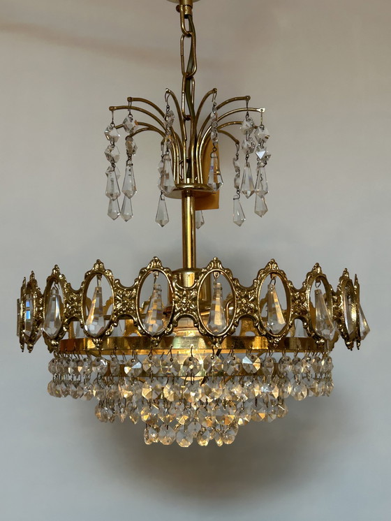 Image 1 of Vintage hanging lamp chandelier crystal brass frame 