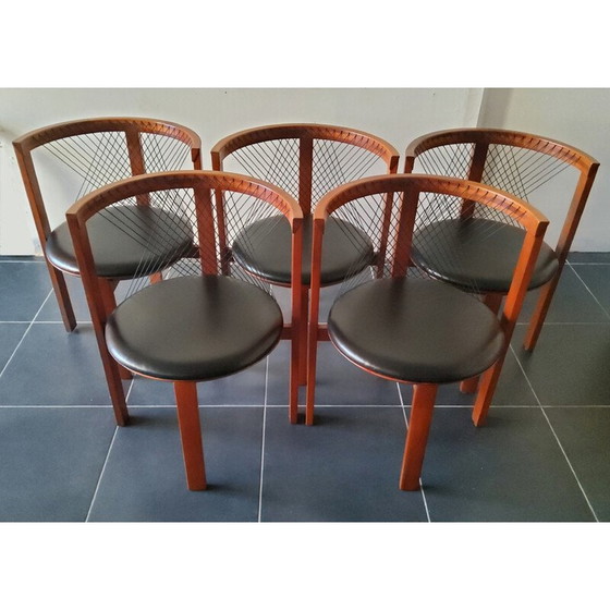 Image 1 of Set of 5 vintage wood and leather chairs by Niels Jorgen Haugesen String for Tranekaer, Denmark 1980