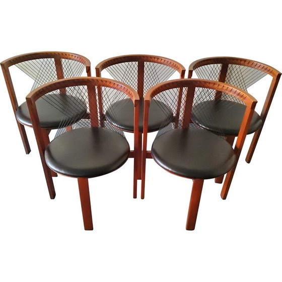 Image 1 of Set of 5 vintage wood and leather chairs by Niels Jorgen Haugesen String for Tranekaer, Denmark 1980