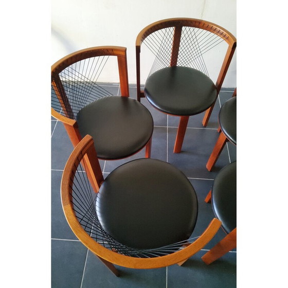 Image 1 of Set of 5 vintage wood and leather chairs by Niels Jorgen Haugesen String for Tranekaer, Denmark 1980