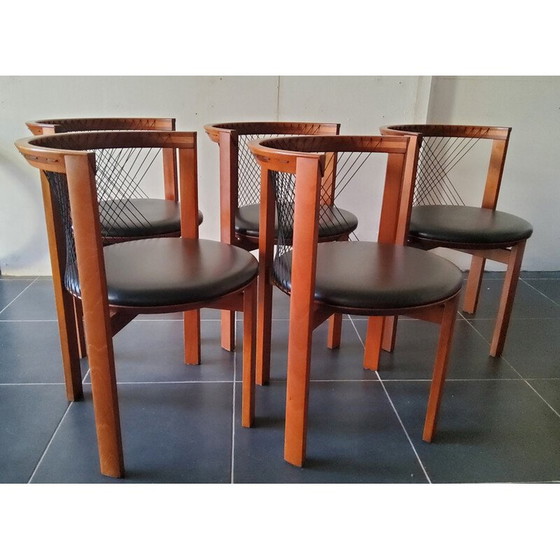 Image 1 of Set of 5 vintage wood and leather chairs by Niels Jorgen Haugesen String for Tranekaer, Denmark 1980