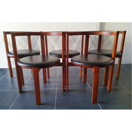 Image 1 of Set of 5 vintage wood and leather chairs by Niels Jorgen Haugesen String for Tranekaer, Denmark 1980