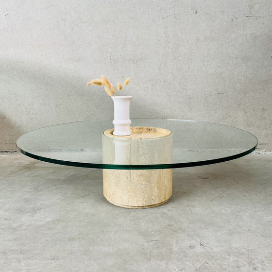 Image 1 of Mid - Century Travertine Glass Coffee Table Italy 1970