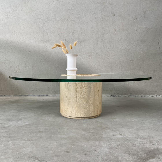 Image 1 of Mid - Century Travertine Glass Coffee Table Italy 1970