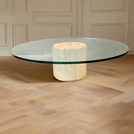 Image 1 of Mid - Century Travertine Glass Coffee Table Italy 1970