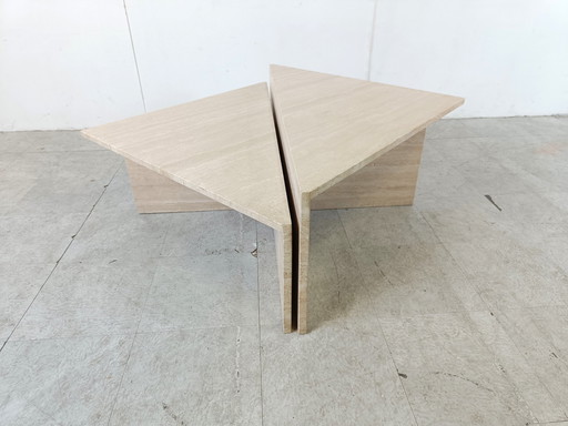 Vintage travertine triangular coffee tables