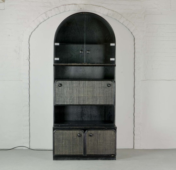 Image 1 of Mid-Century Black Pit Cane Bar Cabinet Designed in the Style of Jan des Bouvrie, 1970s