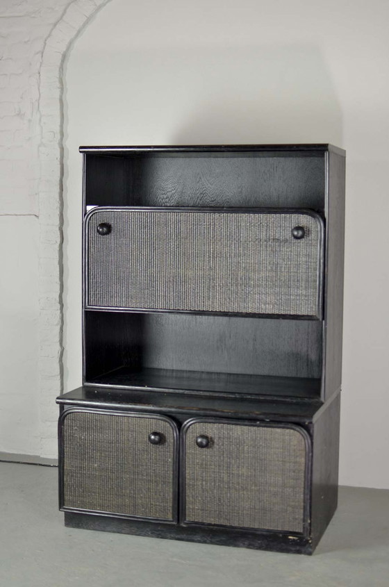 Image 1 of Mid-Century Black Pit Cane Bar Cabinet Designed in the Style of Jan des Bouvrie, 1970s