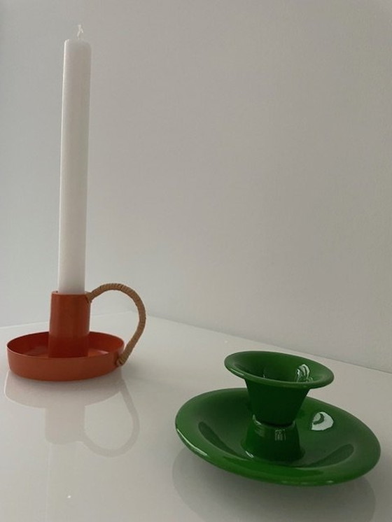 Image 1 of 2X Retro Metal Candlesticks Orange And Green